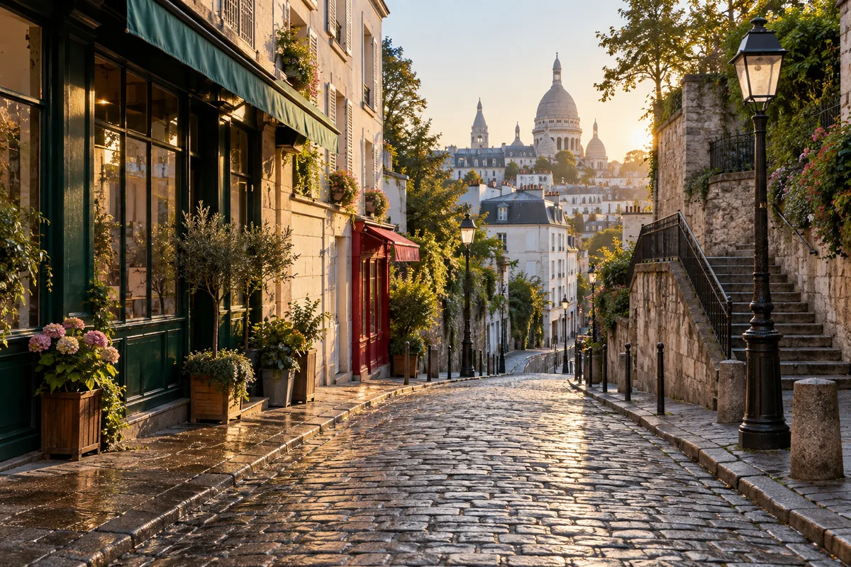 Rue pavée de Montmartre au petit matin bordée de devantures