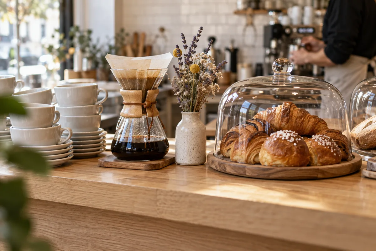 Comptoir de coffee shop parisien avec tasses et viennoiseries
