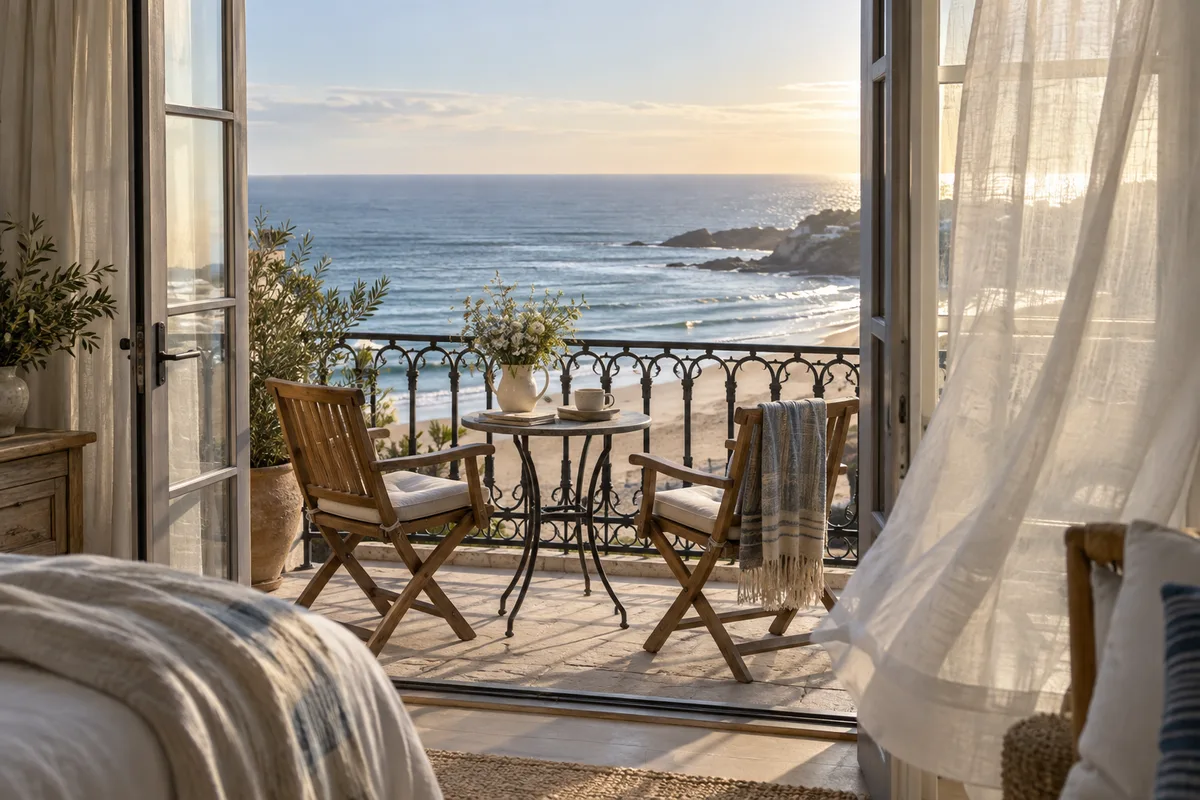 Balcon d’une chambre vue mer avec deux chaises et une table