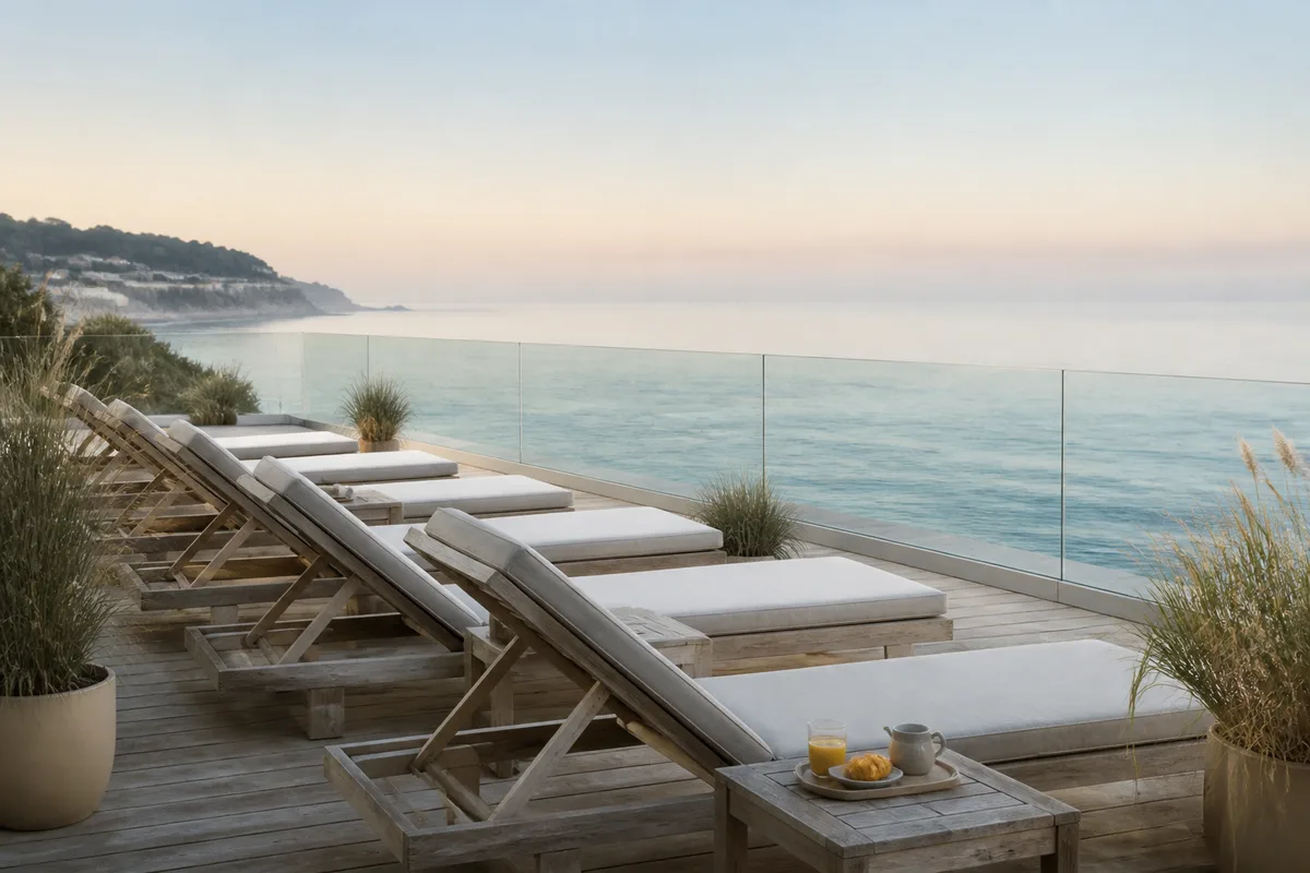 Terrasse d’hôtel en bord de mer au petit matin, transats vides face à l’horizon