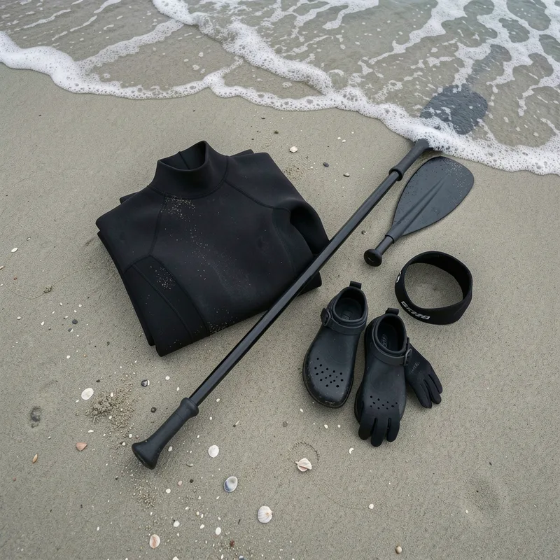 Combinaison néoprène, chaussures aquatiques et pagaie posées sur le sable au bord de l&rsquo;eau
