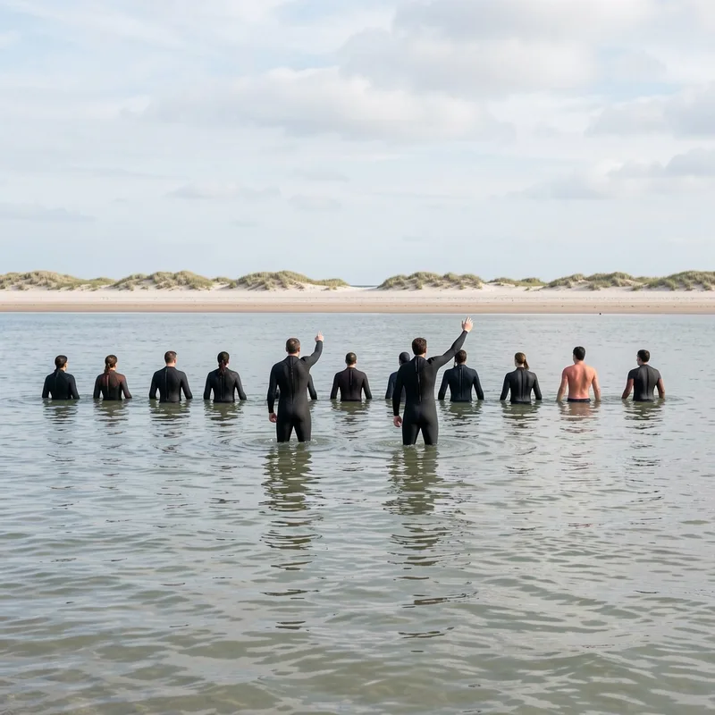 Deux animateurs en combinaison encadrant une rangée de pratiquants dans une eau peu profonde